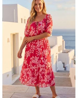 Roman Curve Tropical Print Tie Neck Midi Dress - Red