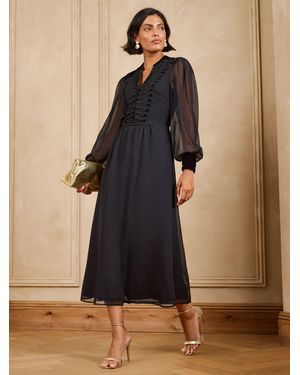 Love & Roses Frogging Velvet Detail Midi Dress - Black