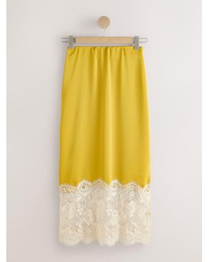Next Satin Midi Skirt With Lace Trim - Yellow