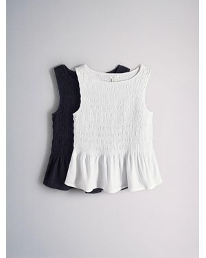 The Set 2 Pack Crew Neck Shirred Top With Linen - Blue