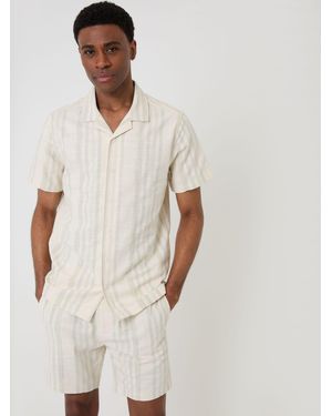 Threadbare Chevron Stripe Textured Cotton Short Sleeve Shirt - Natural