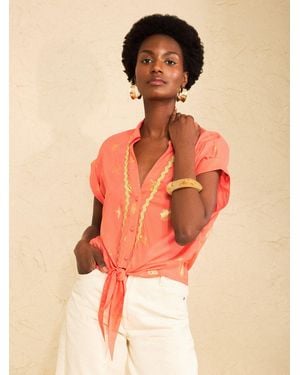 Love & Roses Tie Front Roll Sleeve Shirt - Orange