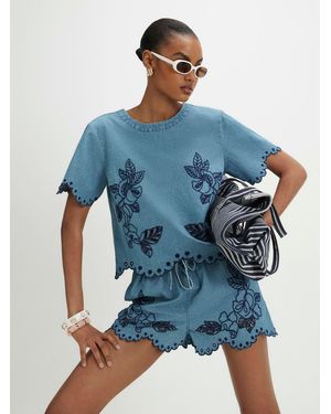 River Island Short Sleeve Cutwork Denim T-Shirt - Blue