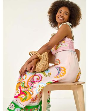 Roman Abstract Print Strappy Midi Dress - Pink