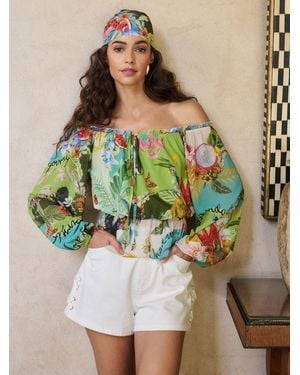 Lipsy Tropical Print Bardot Puff Sleeve Blouse - Green