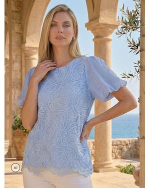 Roman Paneled Lace Puff Sleeve Top - Blue