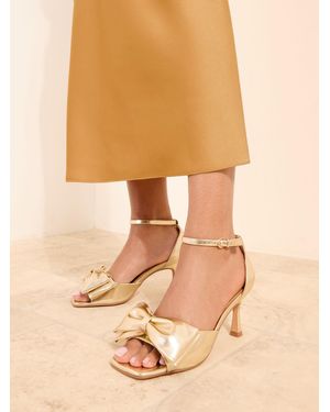 Friends Like These Faux Leather Wide Fit Bow Detail Mid Flared Heeled Occasion Sandals - Natural