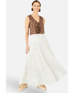Yumi' Double Cotton Tiered Boho Maxi Skirt - White