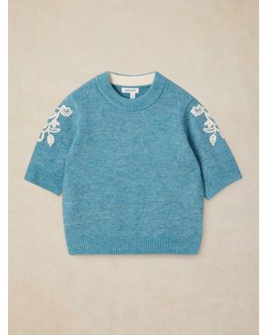 White Stuff Knitted Embroidered T-Shirt - Blue