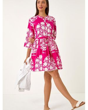 Roman Cotton Floral Frill Trim Smock Dress - Pink
