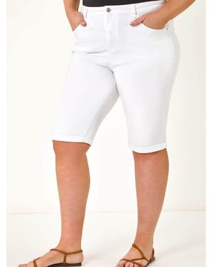 Roman Curve Stretch Knee Length Denim Shorts - White