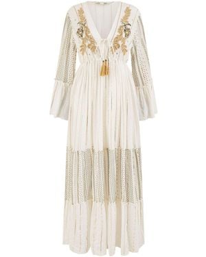 Yumi' V-Neck Tassel Long Sleeve Maxi Dress - White