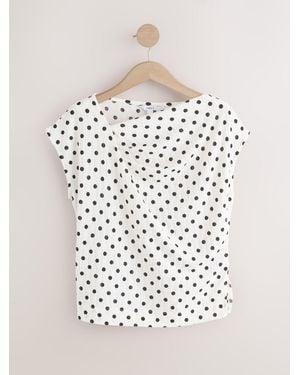 Next Ecru/ Polka Dot Asymmetric Pleated Drape Short Sleeve Top - White