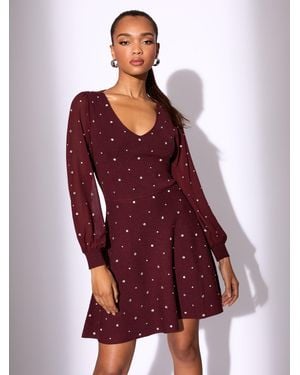Lipsy Hotfix Embellished Chiffon Sleeve V-Neck Skater Knitted Mini Dress - Red