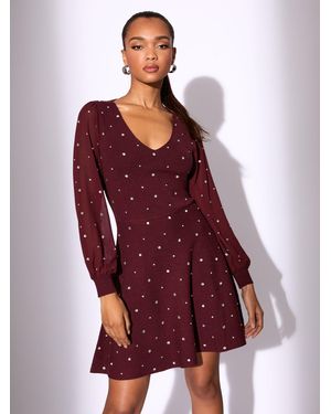 Lipsy Hotfix Embellished Chiffon Sleeve V-Neck Skater Knitted Mini Dress - Red