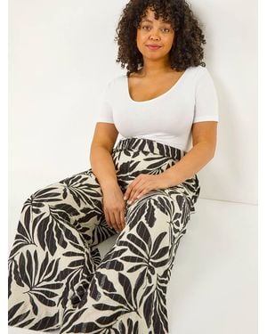 Roman Curve Leaf Print Metallic Wide Leg Pants - Black