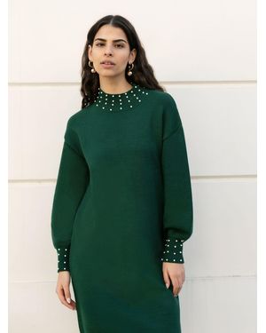 Yumi' Pearl Detail Knitted Relaxed Sweater Dress - Green