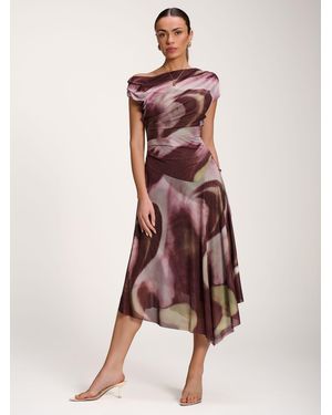 Jolie Moi Asymmetric Draped Mesh Dress - Brown