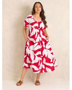 Evans Premium Linen Abstract Print Maxi Dress - Red