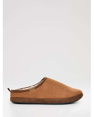 Threadbare Faux Suede Faux Fur Lined Mule Slippers - Brown