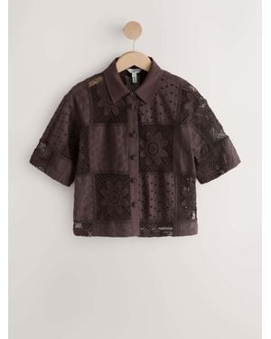Next N. Premium Crochet Patchwork Short Sleeve Shirt - Brown