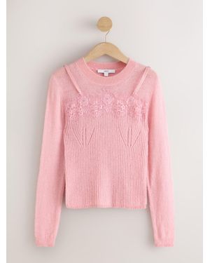 Next Blush Long Sleeve Knitted Lace Trim Cami Layer Sweater - Pink