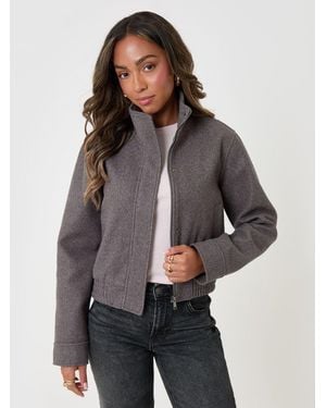 Threadbare Faux Wool Funnel Neck Bomber Jacket - Grey