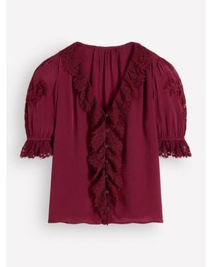 Boden Ruffle V-Neck Lace Top - Red