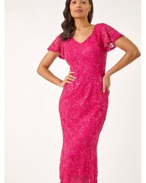 Roman Sequin Lace Ruffle Stretch Midi Dress - Pink
