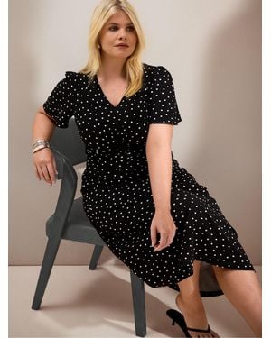 Live Unlimited Petite Polka Dot Print Jersey Short Sleeve Midi Dress - Black
