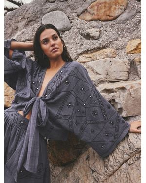 Next Washed Steel Embroidered Mirror Detail Tie Front Top - Grey