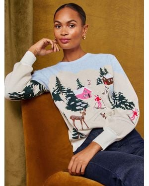 Love & Roses Pale Embroidered Sequin Après Ski Crew Neck Knitted Christmas Jumper - Blue
