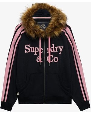 Superdry Vintage Applique Logo Zip-Through Hoodie With Faux Fur Hoodie - Black