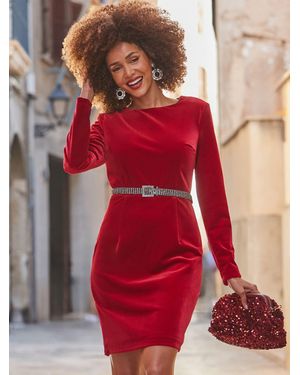 Sosandar Velvet Pencil Dress With Embellished Belt - Red