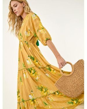 Roman Citrus Print Boho Maxi Dress - Yellow