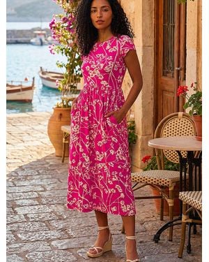 Roman Floral Print Midi Stretch Dress - Pink