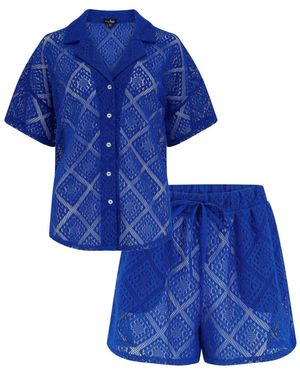 Pour Moi Ultramarine Free Spirit Crochet Co-Ord Shirt & Shorts Set - Blue