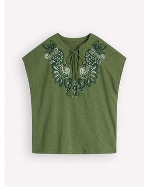 Boden Nina Embroidered Notch T-Shirt - Green