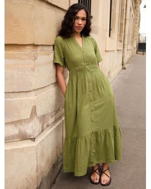 Threadbare Tiered Linen Blend V-Neck Maxi Dress - Green