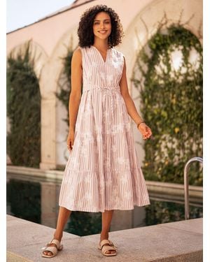 Yumi' Stripe With Embroidered Flower Cotton Dress - Brown