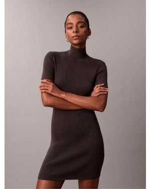Calvin Klein Wool Blend Mini Turtleneck Dress - Brown