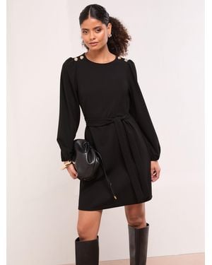 Lipsy Mini Military Button Long Sleeve Tie Shift Dress - Black