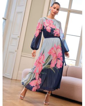 Love & Roses Printed Crew Neck Pleated Long Sleeve Midi Dress - Multicolor