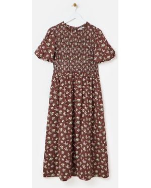 Oliver Bonas Gingham Floral Shirred Bodice Midi Dress - Brown