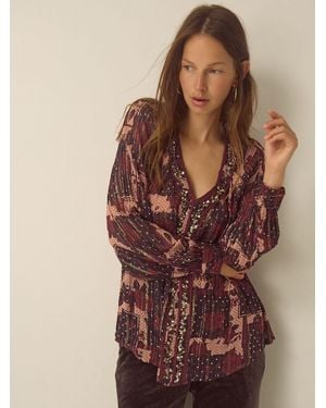 Monsoon Poppy V-Neck Embellished Patchwork Blouse - Brown