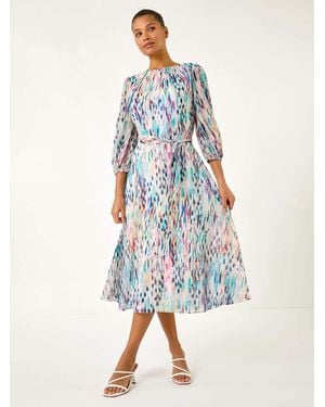 Roman Blurred Print Pleat Neck Midi Dress - Blue