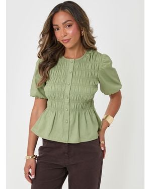 Threadbare Denim Short Sleeve Smock Blouse - Green