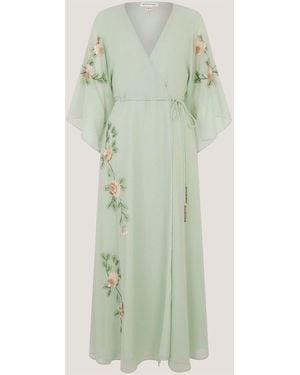 Monsoon Clara V-Neck Floral Embellished Midi Wrap Dress - Green