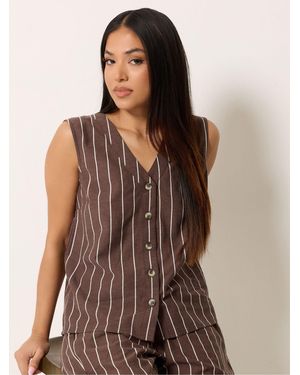 M Com Petite Striped Sleeveless Button Blouse - Brown