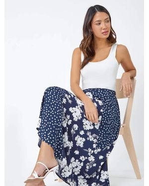 Roman Mixed Floral Spot Print Midi Stretch Skirt - Blue